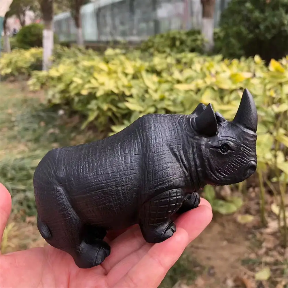 Natural Black Obsidian Rhino Crystal Quartz Carving Healing Polished Mineral Home Decoration Ornament