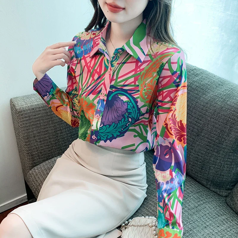 Satin Vintage Women\'s Shirts Spring/summer New Prints Women Blouses Loose Long Sleeves Top Fashion Korean Clothing Sales