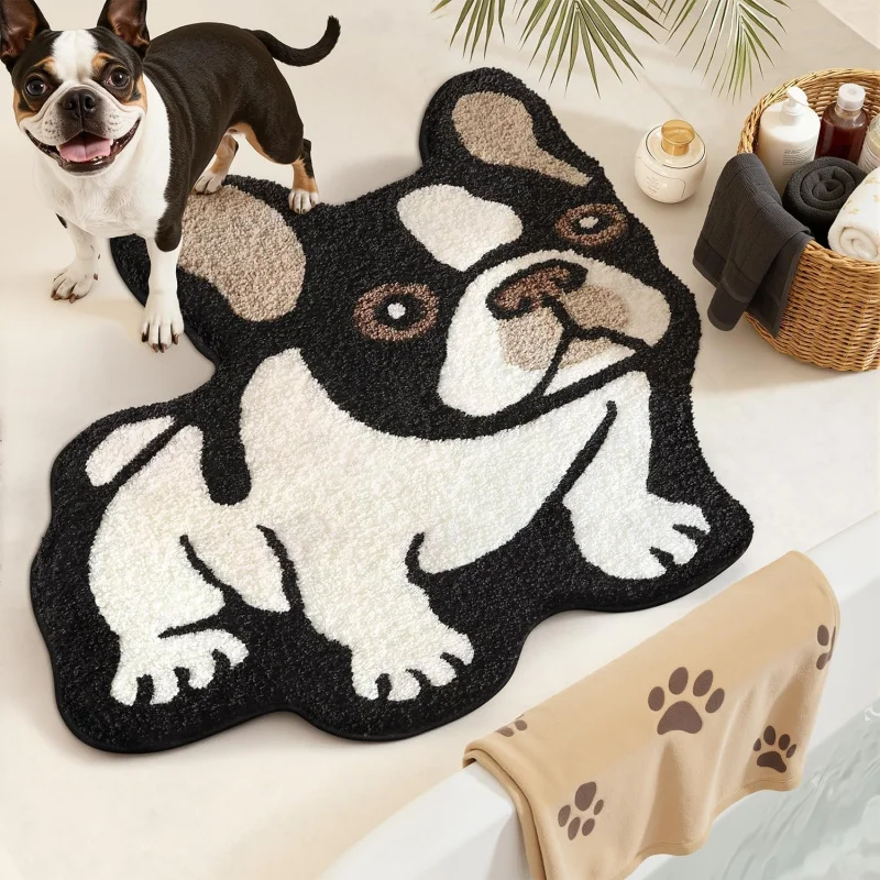 VIKAMA French Bulldog Shaped Entrance Door Mat, Water-Absorbent Non-Slip Bathroom Mat, Kids' Bedroom Rug, Home Decoration