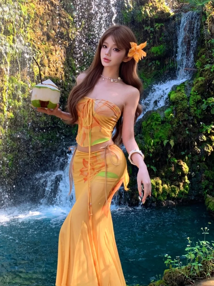 

Island Vacation Yellow Tie-Dye Tube Top And Skirt Set Women's Summer Dopaamine Clothing Soft Mesh No-Sleeve Slim Fit Dress