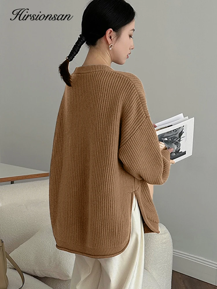 Hirsionsan Basic Knitted Cashmere Sweater Women 2023 New Winter Loose Split Ladies Pullovers Warm Casual Chic Elegant Jumper