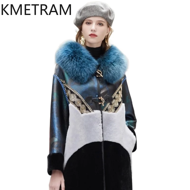 KMETRAM Natural Sheepskin Wool Fur Coat with Fox Fur Collar Clothes for Woman Black Long Hooded Winter Outerwears 2025 fourrures