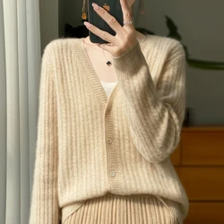 Pull 100% pure laine pour l'automne et l'hiver, nouveau cardigan amissié à la mode pour femmes, veste pull décontractée à col en V