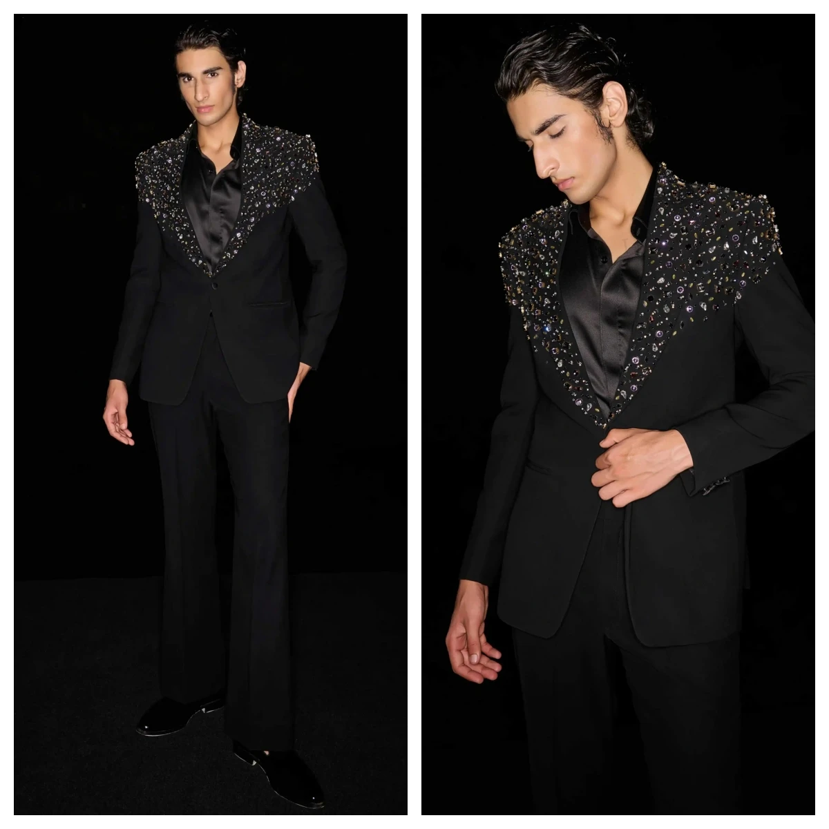 

Gentle 2 Pieces Blazer Pants Men Suits No Lapel Colorful Diamonds Beadings Tuxedo Slim Wedding Groom Prom Plus Size Customed