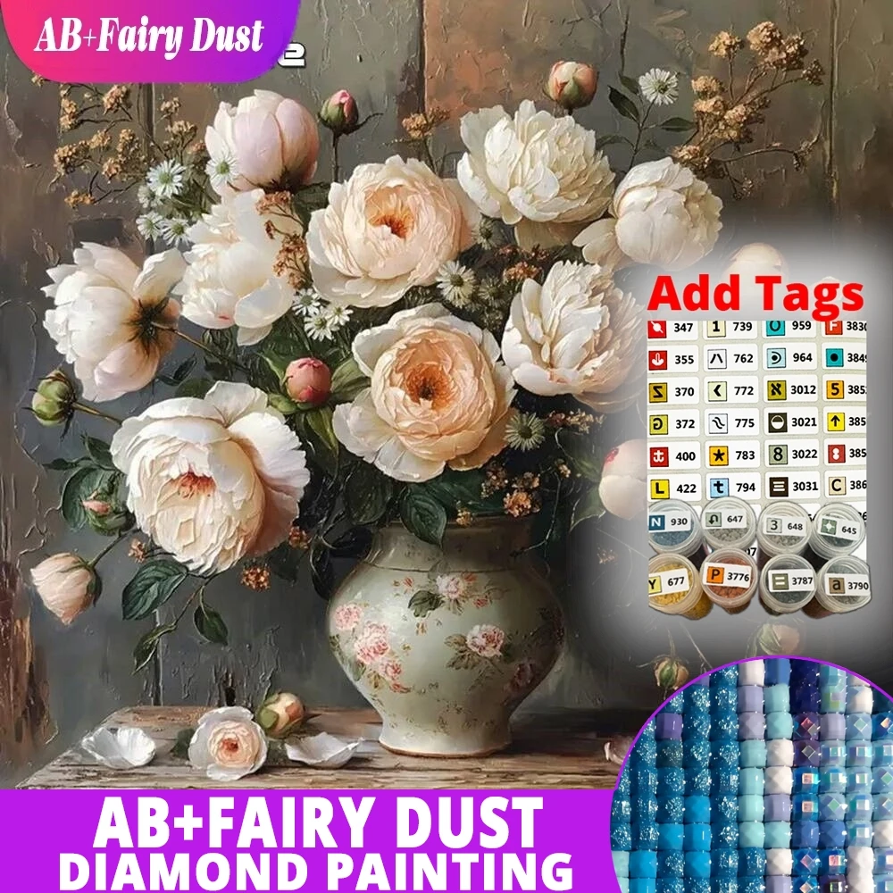 

AB Фея Пыль Алмазная Мозаика Пион Картина Стразы Полная Квадратная Картина Ваза Цветочная Вышивка Новое Прибытие Домашний Декор