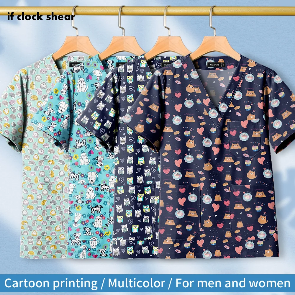 

2023 New Ladies Nurse Uniform Short Sleeved V Neck Overalls Cartoon Print Work Uniform Tops Female Casual Medical Nursing Blouse