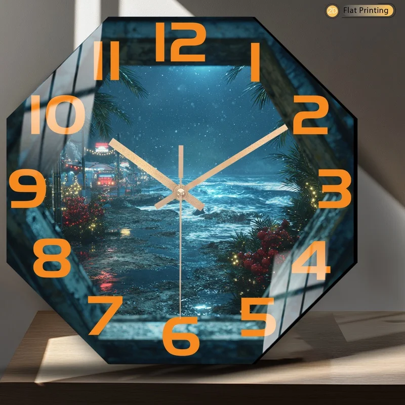 Reloj de pared octogonal rico en el paisaje nocturno costero, para estudio y sala de estar, ideal para el día de la madre y regalos de Pascua, 1 ud.