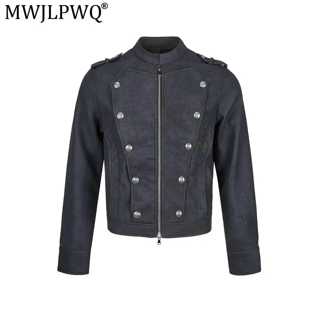 MWJLPWQ Stylish Short Stand-Up Collar PU Jacket For Men Autumn Winter Trendy Metal Double Row Buttons Slim Fit Casual Tops 20189