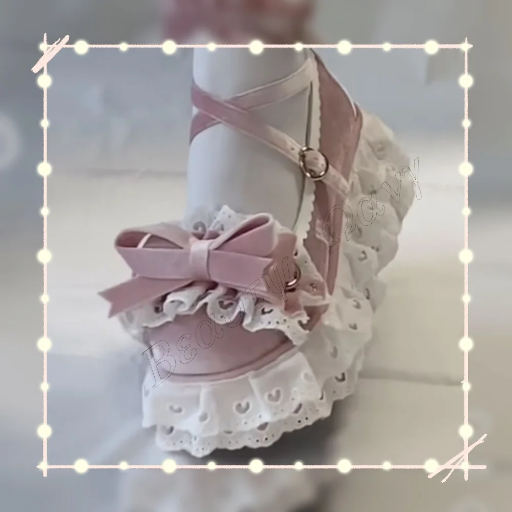 

Pink Cake Like Pumps Lolita Style Bow Knot Ankle Buckle Women Cover Heels Shoes for Women Shoes 2025 Zapatos Para Mujere