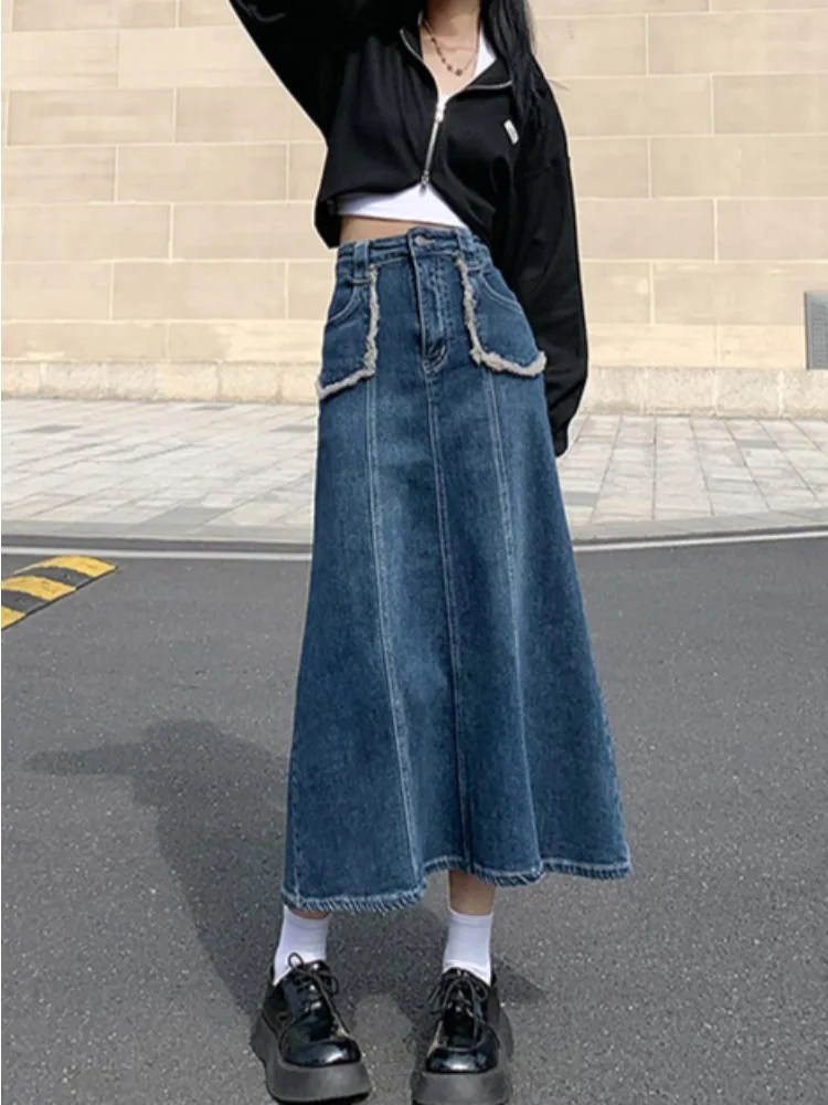 

S-3XL Denim Skirts Women Vintage Fashion Trumpet Do Old High Street Mid-calf High Street A-line Autumn Aesthetic Hotsweet Chic