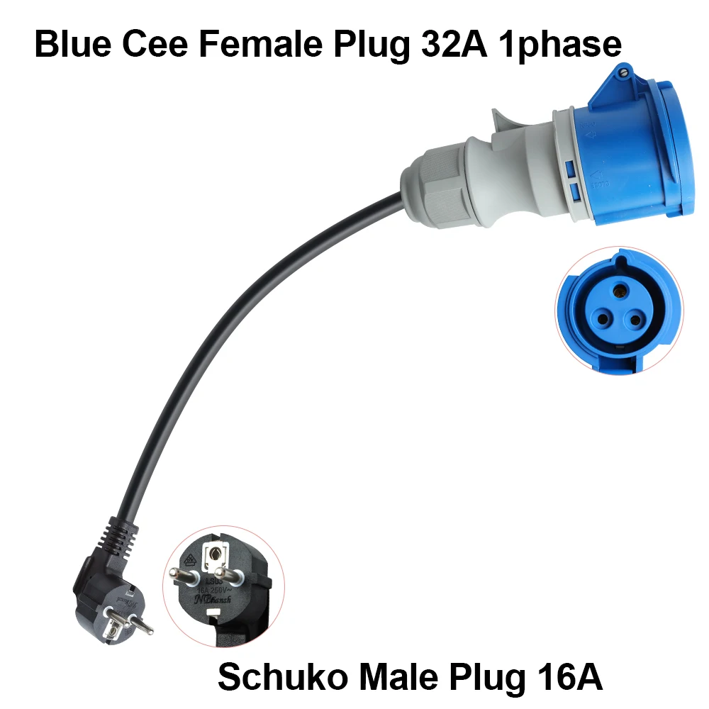 Adaptador de cargador PEOKE EV Schuko a enchufe CEE rojo 5 pines 1 fase 16A a trifásico 32A enchufe CEE azul hembra para carga portátil