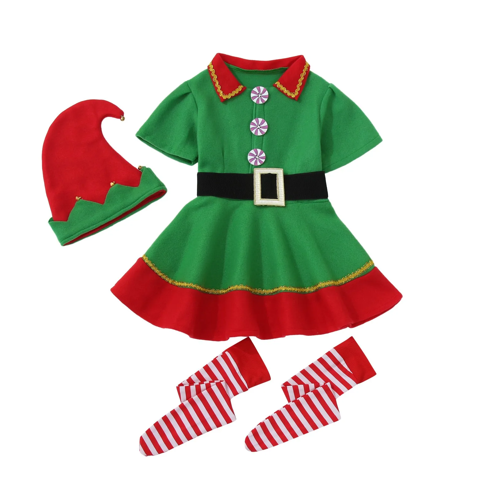 Christmas Child Costume Green Elf Cosplay Carnival Party New Year Fancy Dress Clothes Set For Girls Party Performance Clothing