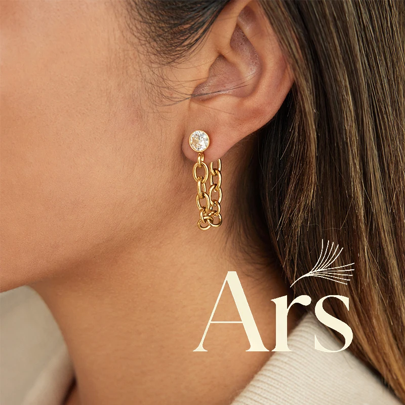 Ars 18K Gold Plated Stainless Steel Long Chain Tassel Earrings Women's Zircon Stud Earring No Tarnish Daily Wear Dangle Earrings