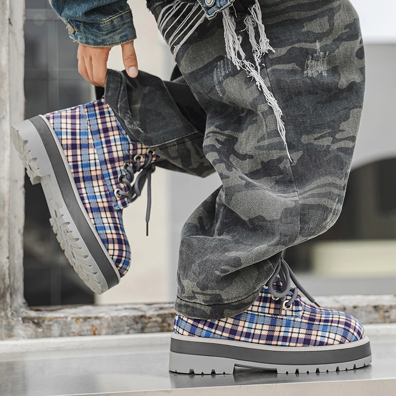 

Зимние мужские байкерские ботинки Желтые ботильоны в клетку Мотоциклетные ботинки на платформе для мужчин Высокие дизайнерские туфли для мужчин botas de hombre