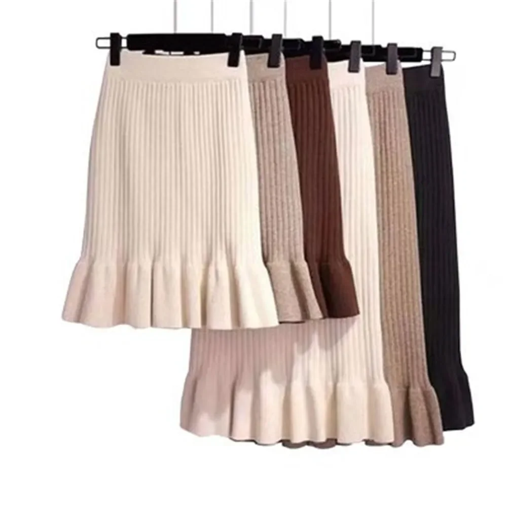 Women Skirt Knitted High Waist Pleated Lady Skirts Solid Elastic Mermaid Knitting Ribbed Autumn Winter Female Bottoms Two Types