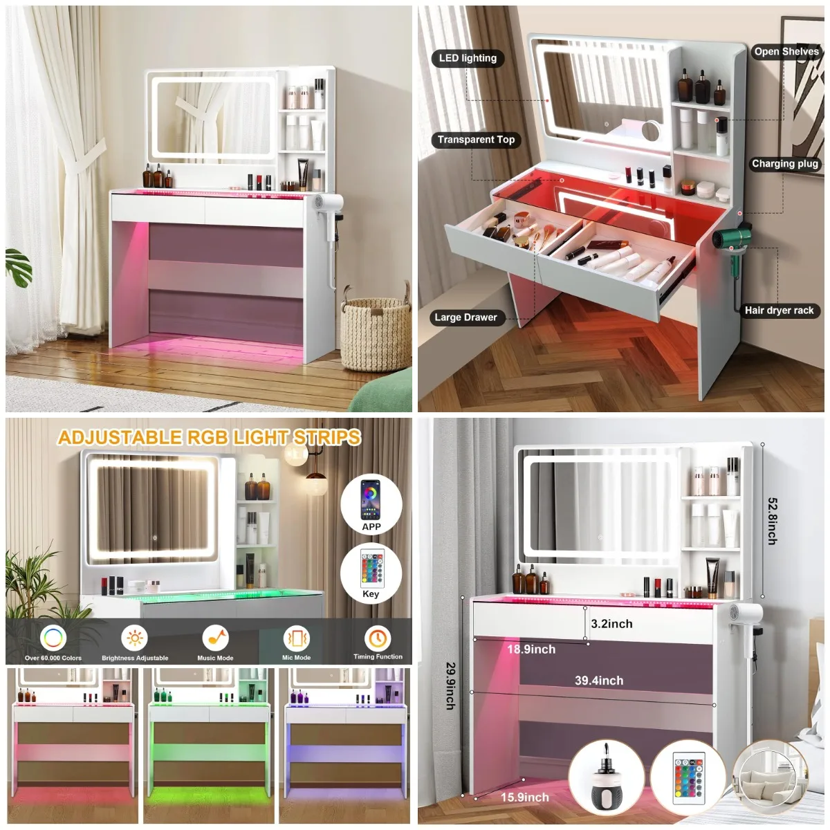 

Transparent Vanity Desk with Mirror, RGB Light Strip, Charging Station, 2 Drawers, White