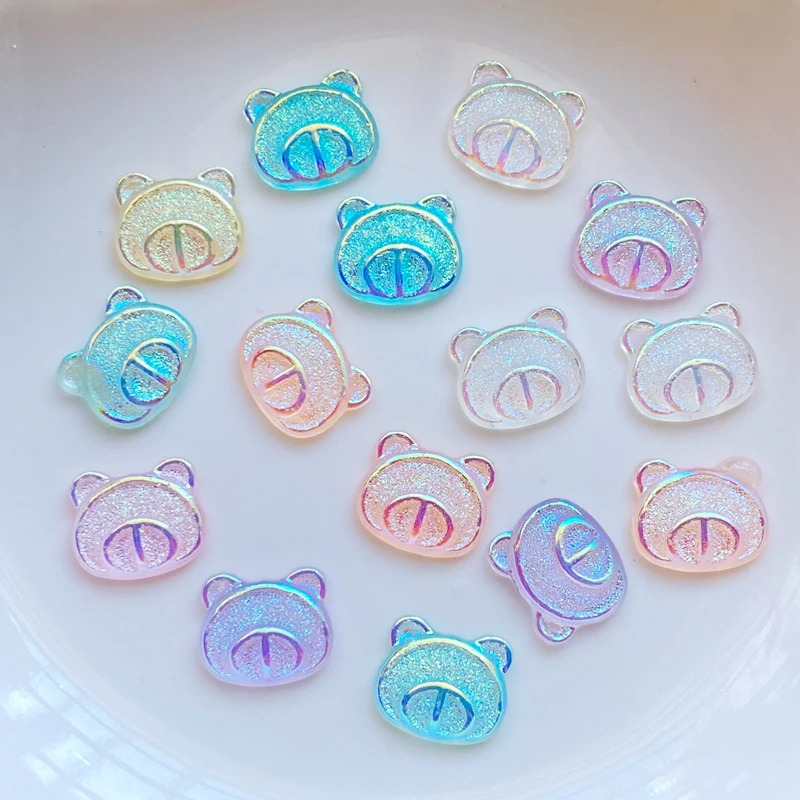 80Pcs New Cute Mini Shiny Little Bear head Resin Figurine Crafts Flatback Cabochon Ornament Jewelry Making Hairwear Accessories