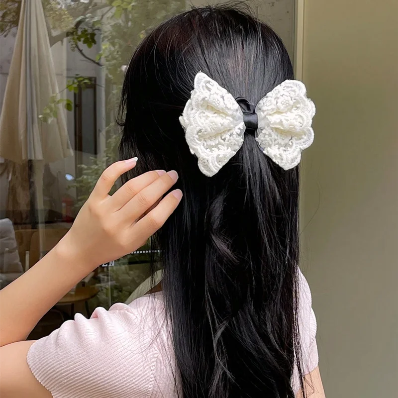 ربطة شعر أنيقة بفيونكة من الدانتيل للنساء والفتيات ، سكرونشي من القماش ، لهجات الفراشة والقوس ، حامل ذيل حصان مرن ، أبيض أنيق