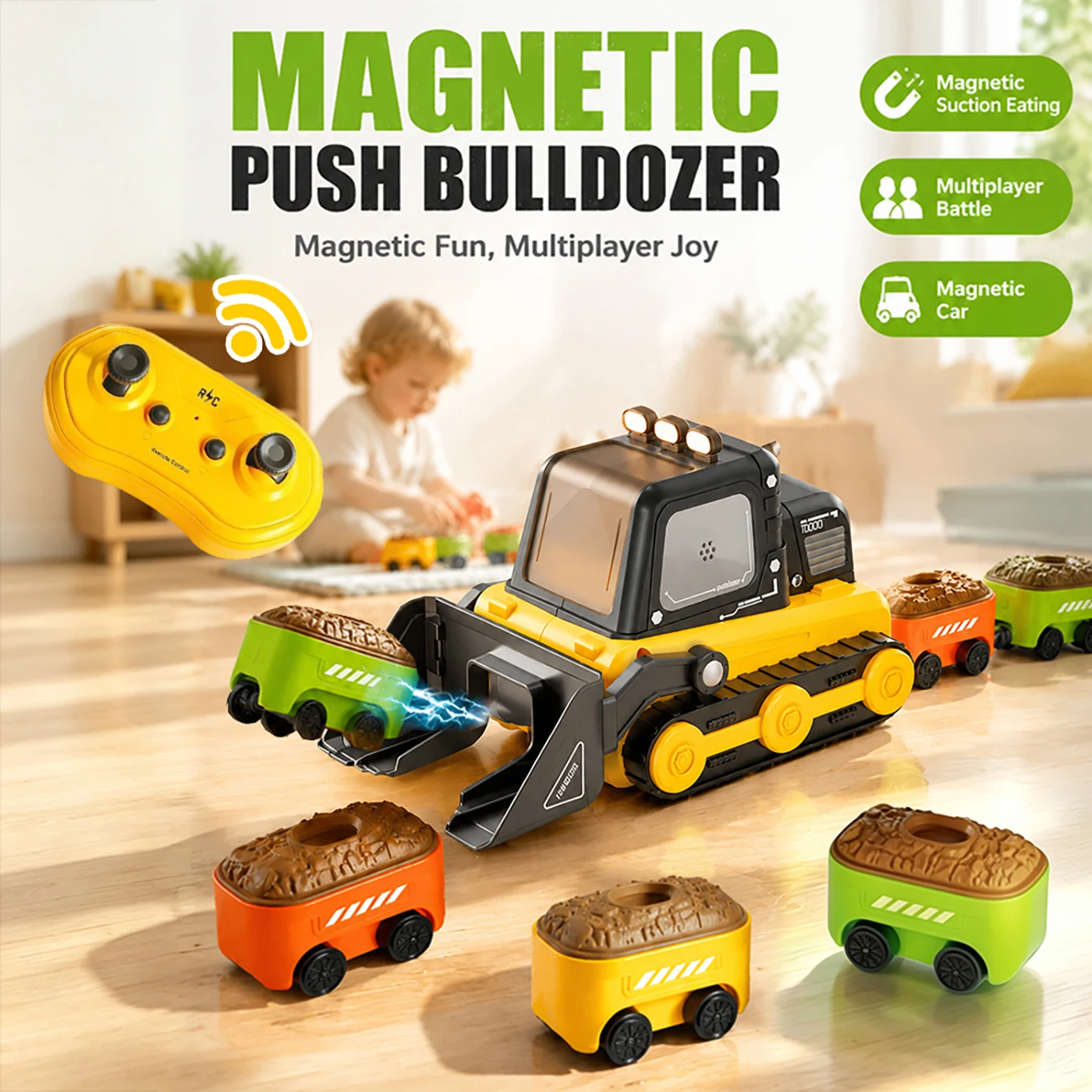 RC Magnetic Suction Bulldozer 2.4GHz Remote Control Engineering Vehicle with 6 Trailers Multiplayer Battle Game Toy Gift for Boy