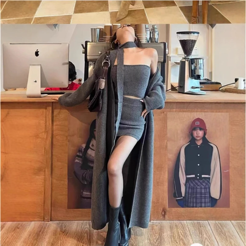 

Комплекты из трех юбок, женский длинный кардиган, мини-юбка, жилет, костюмы, приталенные повседневные вязаные свитера, одинаковый комплект, осень 2025 г.