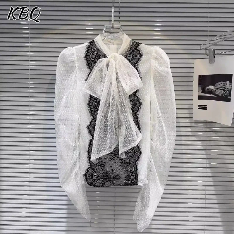 KBQ French Hit Color Spliced Bandage Blouse For Women Round Neck Puff Long Sleeve Elegant Chic Lace Shirts Female Fashion New