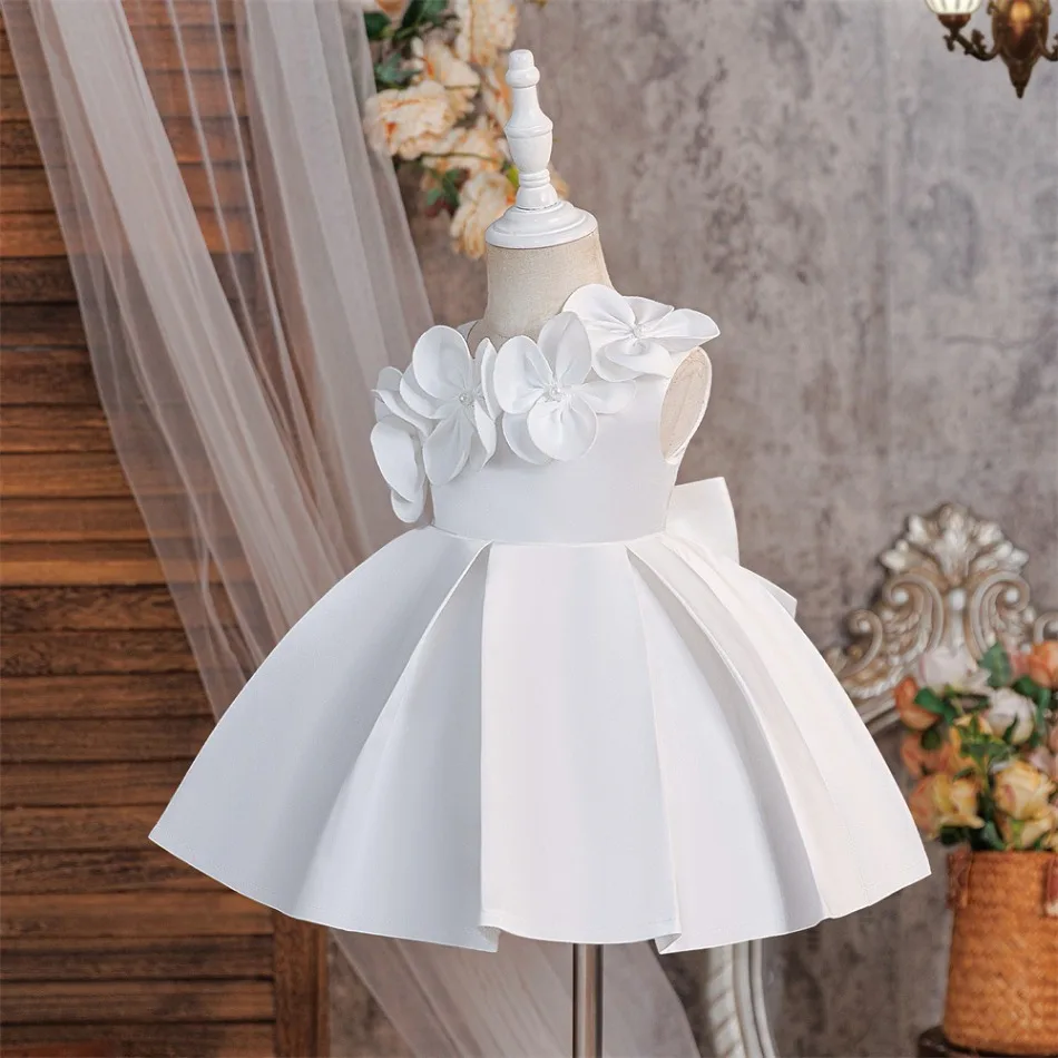 White Satin One Shoulder 3D Flower Pleated Princess Dress Cute Kids Girls Wedding Birthday Holiday Formal Pageant Costume ASQ03