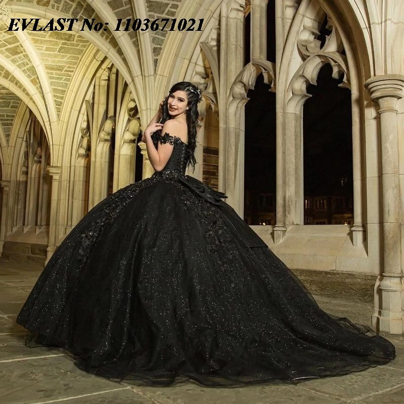 EVLAST Customized Black Quinceanera Dress Ball Gown Shiny Lace Applique Beading Corset Sweet 16 Vestidos De XV 15 Anos SQ34