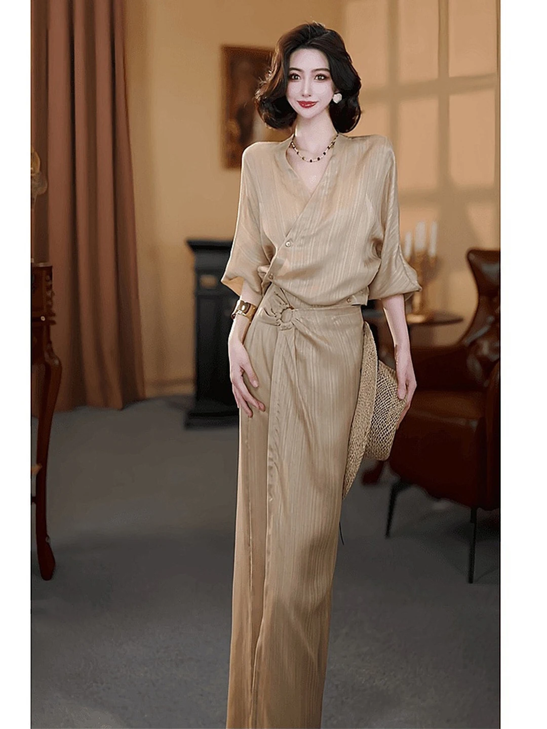 Elegant Ladylike Two-Piece Set Women's Unique Beautiful Caramel Shirt Half-Skirt Unique Style Spring Autumn Fashionable Women...