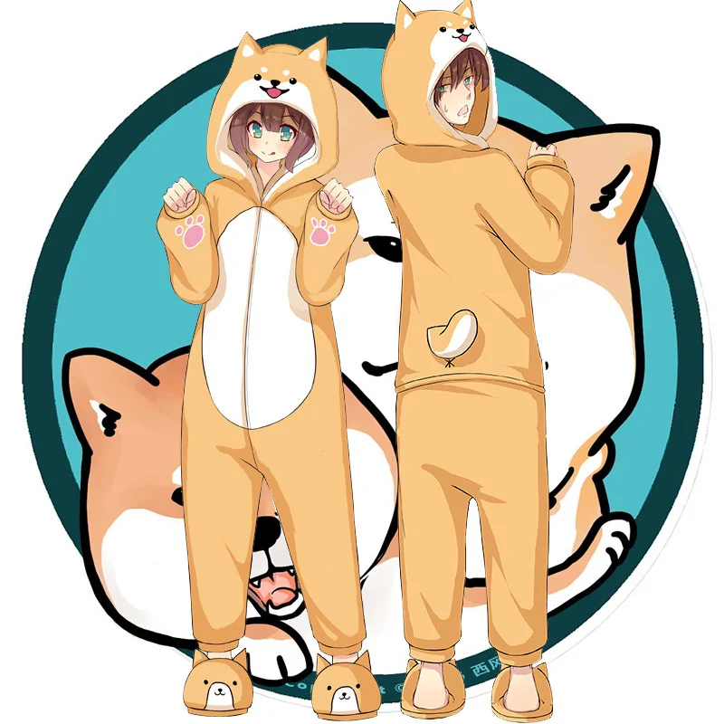 Fashion Kawaii Shiba Inu Cosplay Couple One Piece Pajamas Autumn/Winter Flannel Keji Yellow Warm Home Fur Set