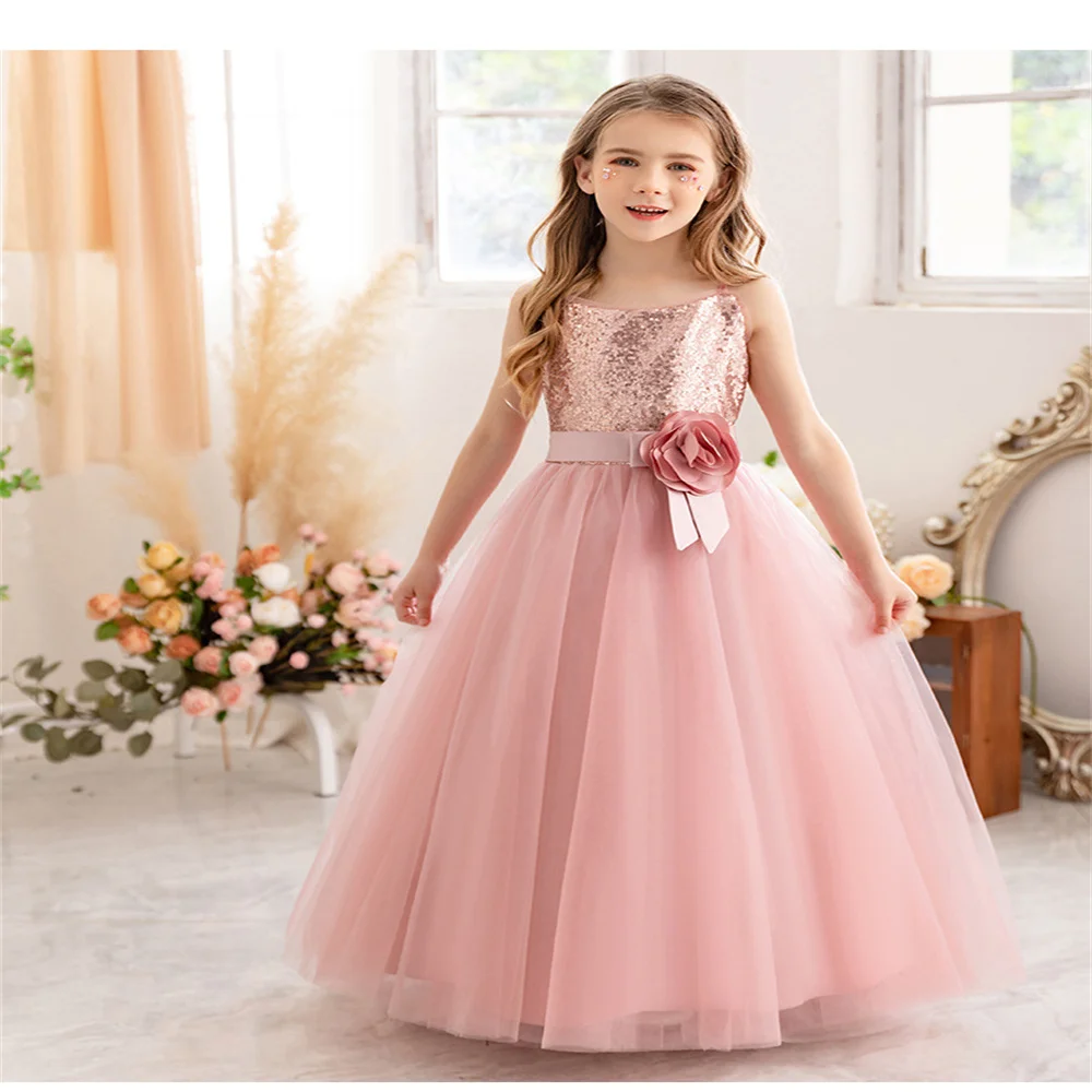 Elegante paillettes Layering Flower Girl abiti lunghi compleanno Prom Party matrimonio comunione Costume da principessa personalizzato celebrazione