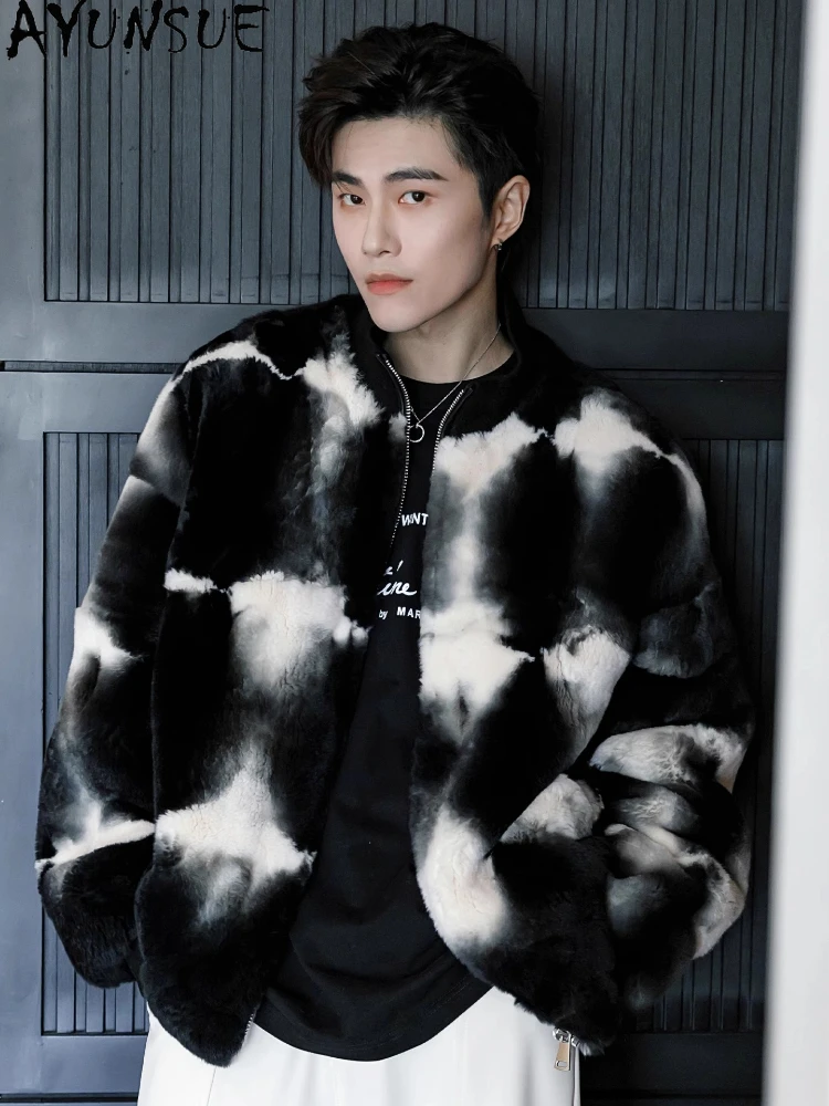 AYUNSUE Original Tie-dyed Rex Rabbit Fur Coat Man Autumn Winter Stand-up Collar Natural Fur Jacket Men's Cold-resistant Outwears