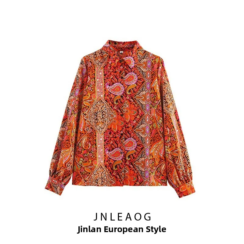 เสื้อสตรี JNLEAOG คอลเลคชั่นฤดูใบไม้ผลิ ดีไซน์แฟชั่นลายชนเผ่า ทรงหลวม สไตล์ฝรั่งเศส ผ้าโพลีเอสเตอร์ แขนยาว คอตั้ง