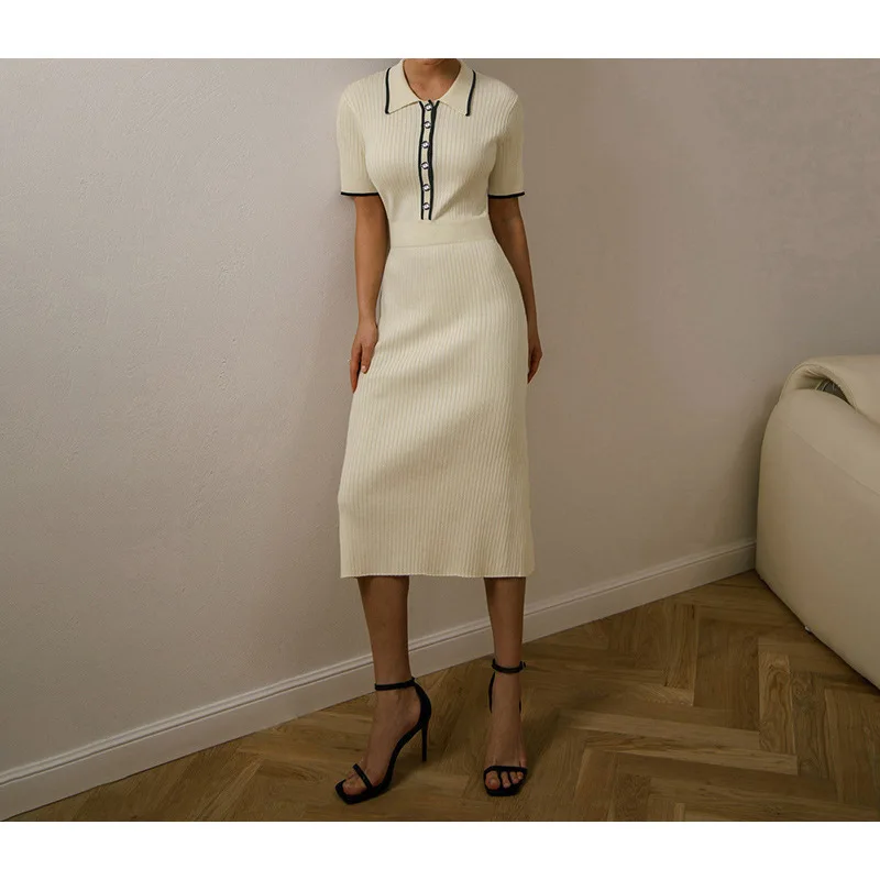 2025秋冬 レディース セーター エレガント カラーブロック 襟付きワンピース 半袖 ラッフルウエスト スリムフィット リブ編み マキシワンピース