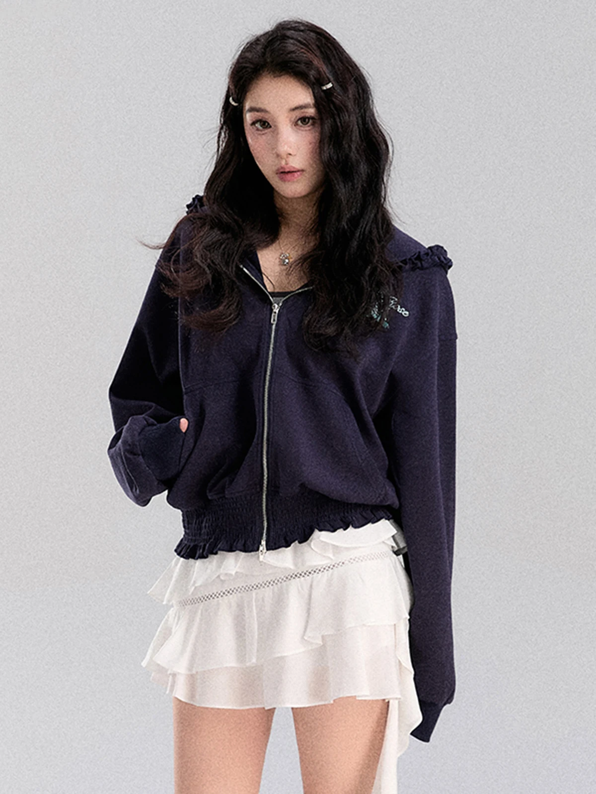 

Zipped Hoodie Women's Spring Faion Anti-Aging Waist-Cinching Lace Design Zipper Hooded Jaet Top Sweet Sle ort Length