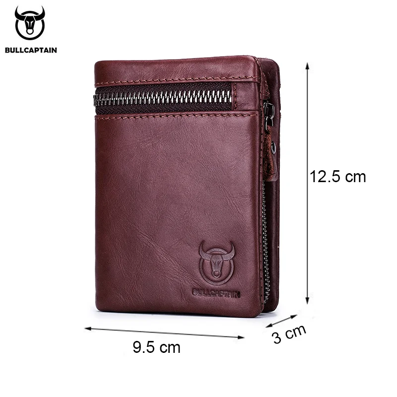 BULLCAPTAIN Short Tri-Fold Buckle Zipper Wallet Men\'s Cow Leather Wallet Coin Purse Money Bag Business Card Holder RFID Holder