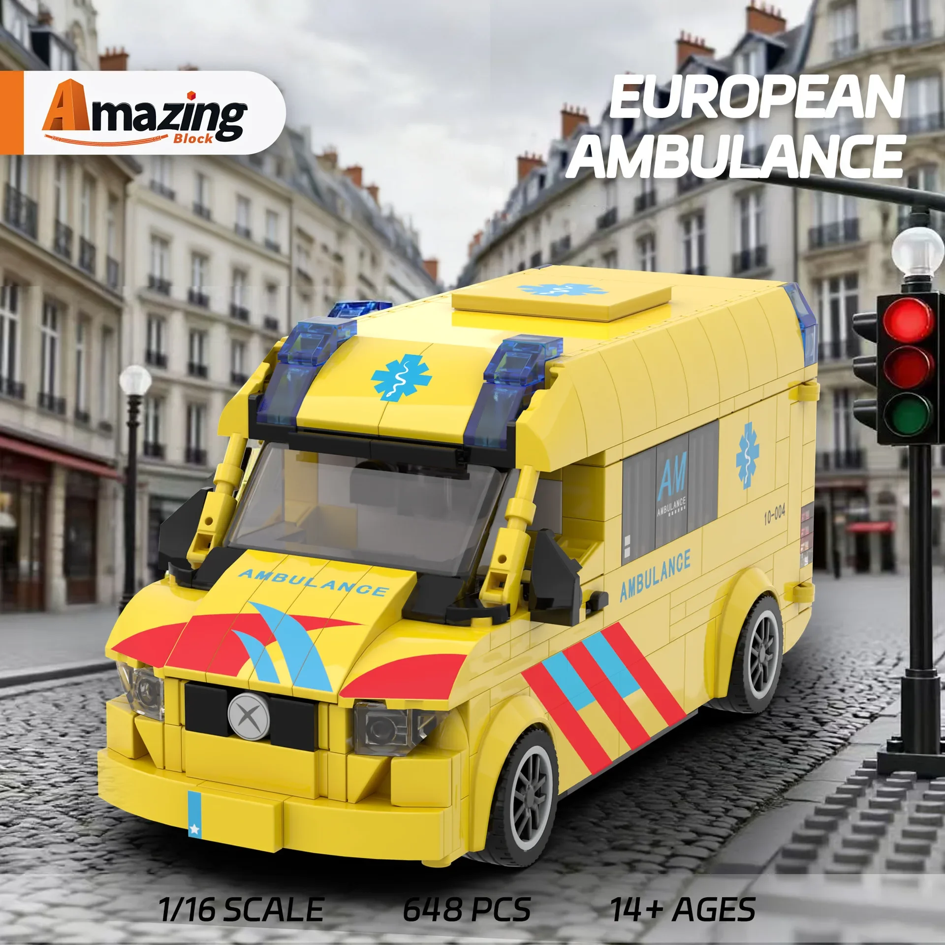 Kit de bloques de construcción de ambulancia europea, modelo de ensamblaje de partículas pequeñas, adorno de ladrillos, juguete coleccionable para regalo de chico, 648 Uds., 10004