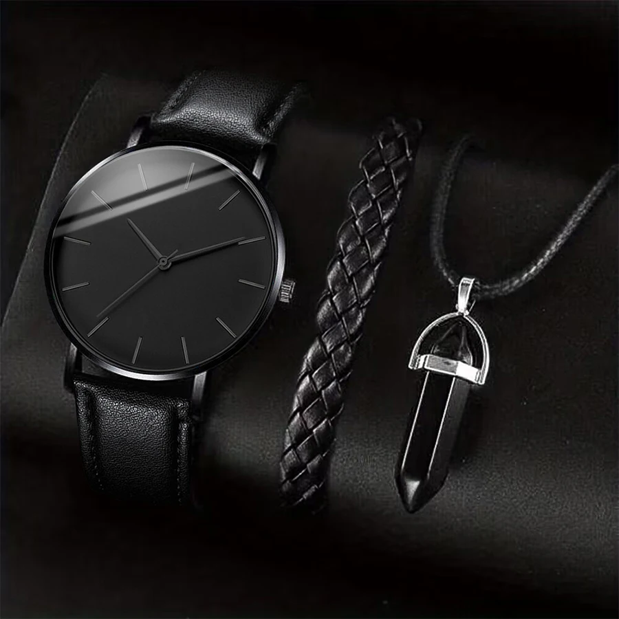 3 unids/set reloj de hombre esfera de escala Simple banda de cuero masculina relojes de cuarzo collar pulsera conjunto