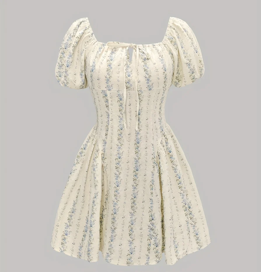 

Floral Waist Cinched Slimming Dress for Women's Summer New Sweet Bubble Sleeves Fashion Vacation Casual Mini A Line Dresses