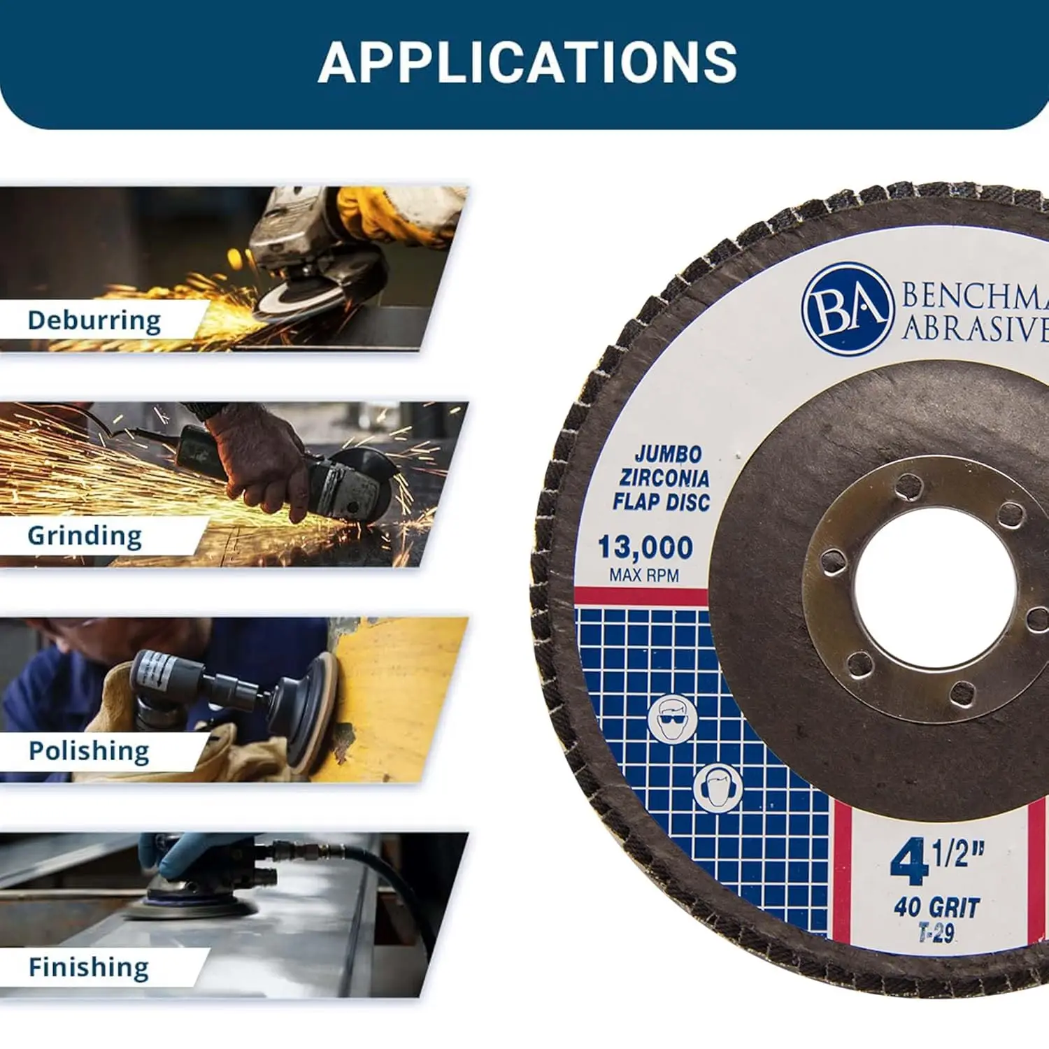 Benchmark 4.5" x 7/8" Premium Density Jumbo Zirconia Type 29 Flap Discs 4 1/2 for Angle Grinder, Sanding Discs, Finishing - Grin