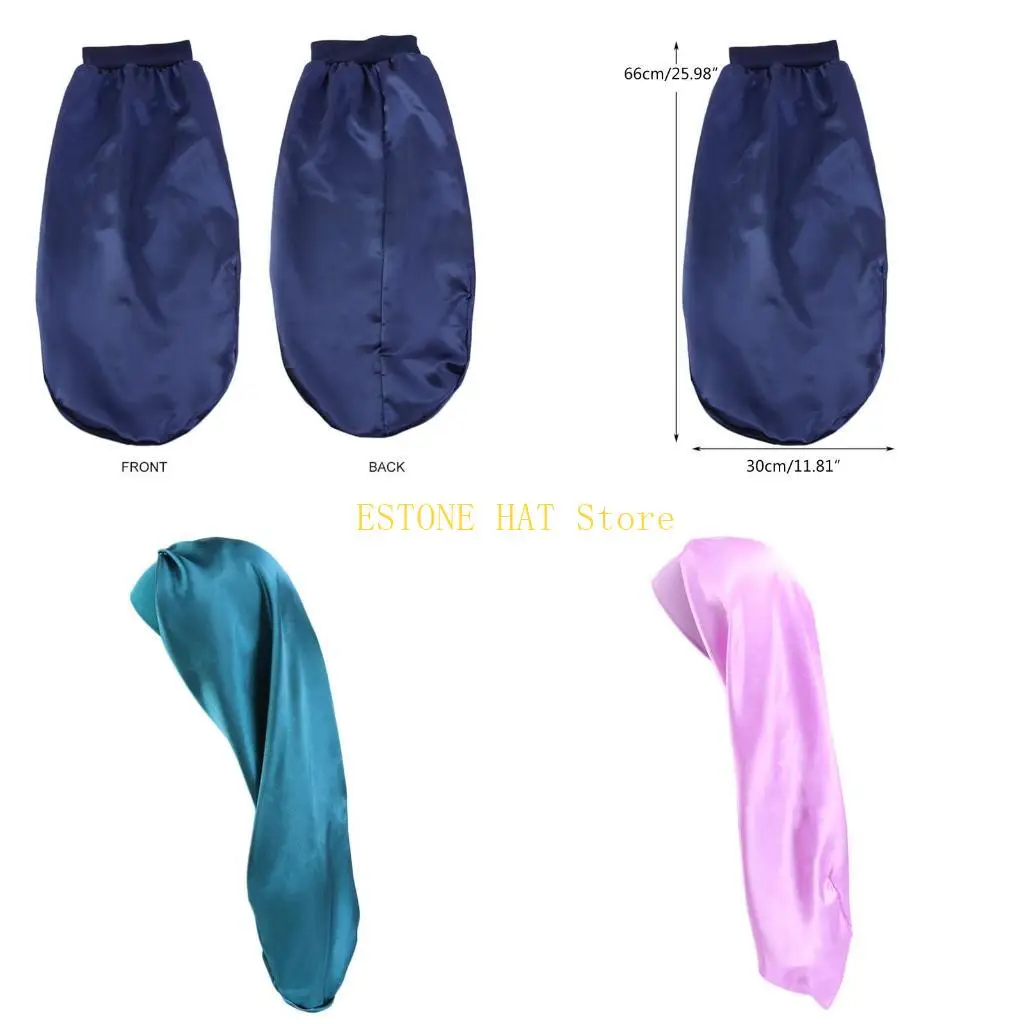49MF Satin Bonnet for Women Soft Elastic Color Long Hair Cap Large Sleeping Hat