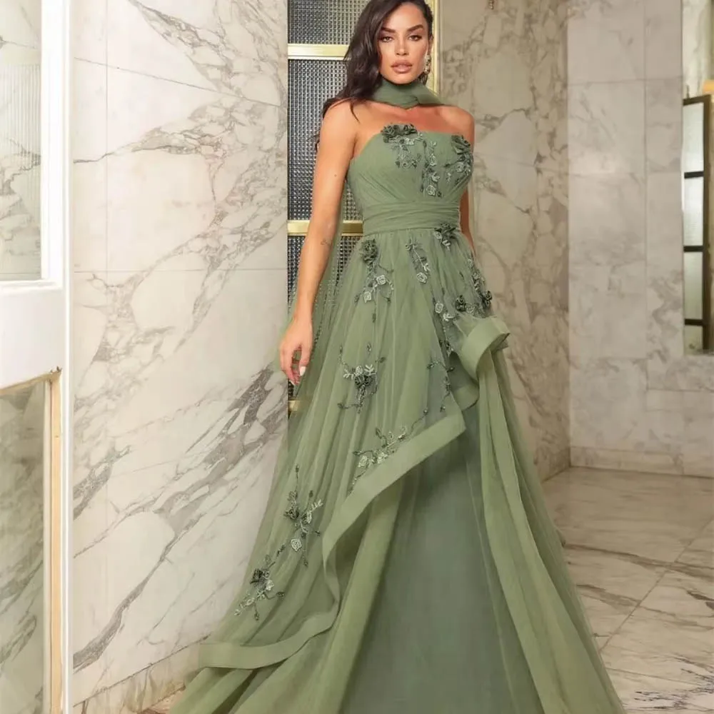 Robes de bal en Tulle à imprimé Floral personnalisées, avec écharpe, sans bretelles, robes de soirée formelles personnalisées, longueur au sol