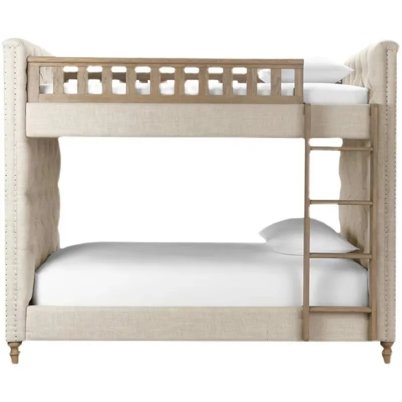 Mother Child High Low Bunk Bed, American French Country Kids Bed for Boys, for Small Apartment Bedroom Home Decor Furniture