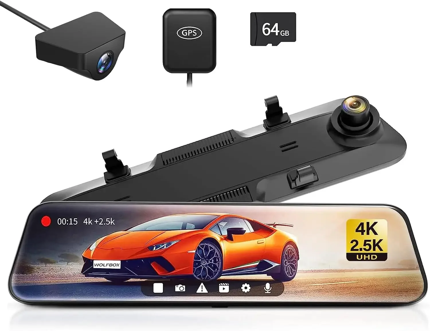 For WOLFBOX G900 Rear View Mirror Camera, Mirror Dash Cam 4K Front and 2.5K Rear, Smart Full 12’’ Touch Screen