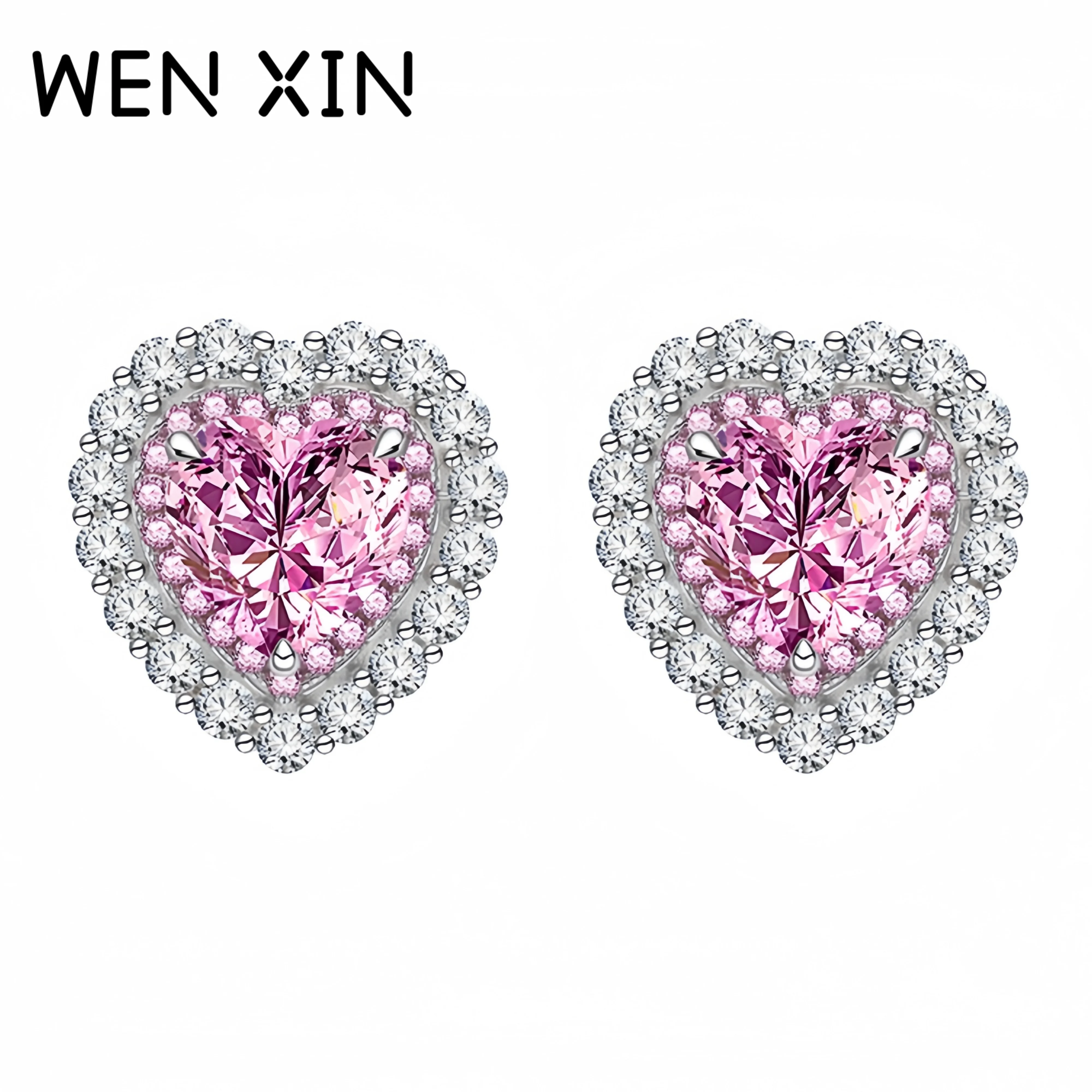 

WENXIN Luxury Lab Grown High Carbon Diamond Heart Shaped Stud Earrings 925 Sterling Silver Earrings Fine Jewelry