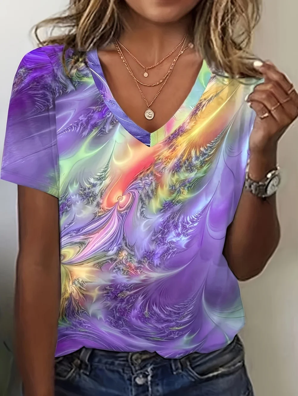 2026 Fashion Women's Colorful T-Shirt 3D Print Casual Girls Y2k Funny Short Sleeve Tops Tees Summer V-Neck New Women's Clothing
