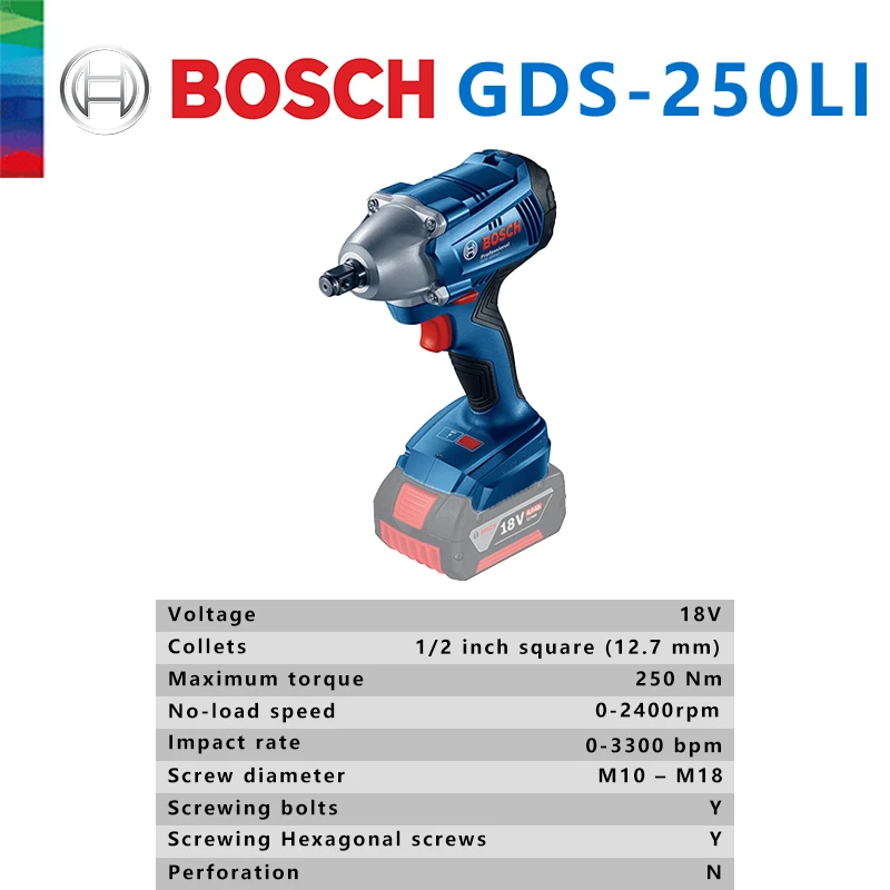 Imagem -02 - Bosch Gds 250 li 18v Chave de Impacto sem Fio Soquete Parafuso Porca de Lítio Recarregável Chave Elétrica 250nm Ferramenta Elétrica Profissional