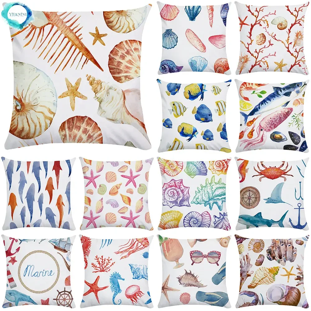 

45x45cm Ocean Starfish Shell Printed Pattern Cushion Cover for Home Living Room Sofa Decoration Throw Pillow Cover