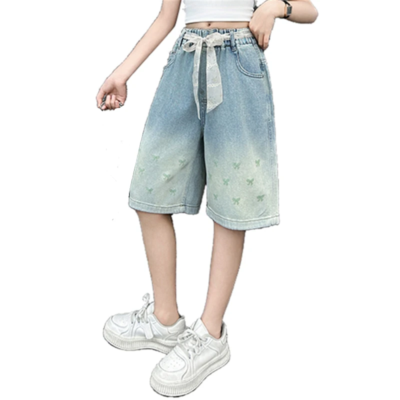 

Korean Style Kids Child Gothic y2k Denim Shorts With Lace Drawstring For Girls Casual Bowknot Jeans Capris 5 6 7 8 9 10 11 12 14