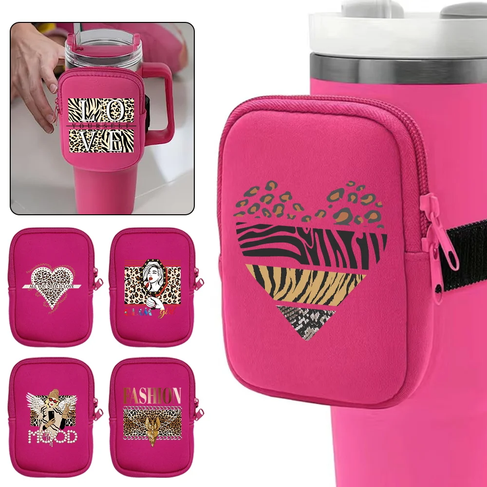 Sports Water Cup Bag Outdoor Sports Multifunctional Water Bottle Bags with Double Zipper Key Card Storage Bag Leopard Series