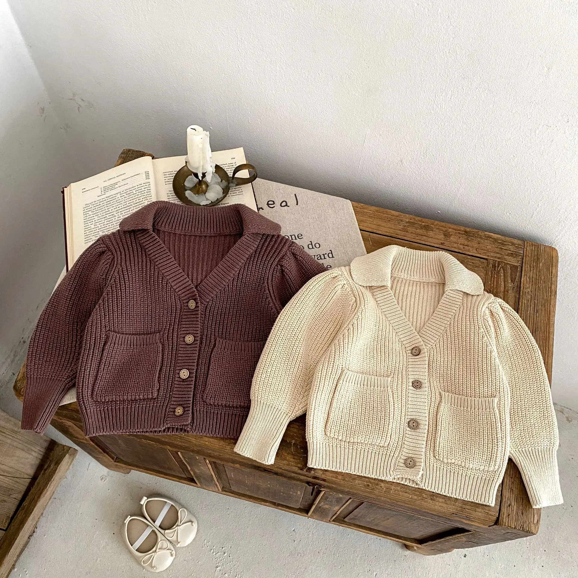 Autumn trendy baby girl baby clothing small collar bubble long sleeved knitted jacket newborn long sleeved cardigan